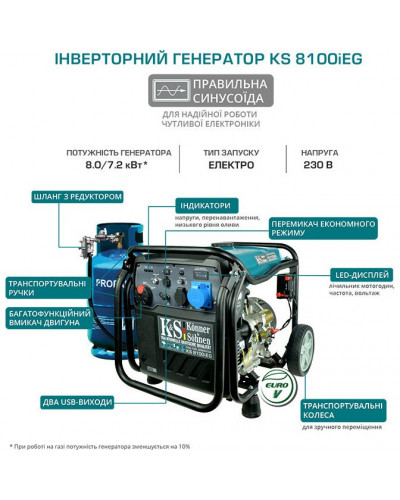 Инверторный комбинированный генератор (газ-бензин) Konner&Sohnen KS 8100iEG