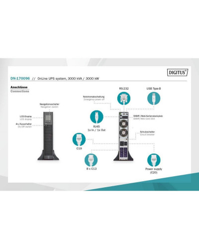 ДБЖ безперервної дії (Online) Digitus OnLine 3000VA/3000W LCD 8xC13 1xC19 RJ45 RS232 USB Rack/Tower (DN-170096)